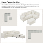 Divano componibile a L beige/grigio con letto estraibile, porte USB e pouf, 3 posti