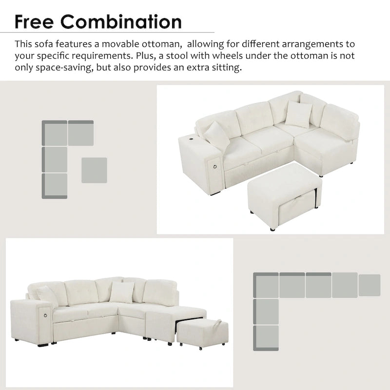 Divano componibile a L beige/grigio con letto estraibile, porte USB e pouf, 3 posti