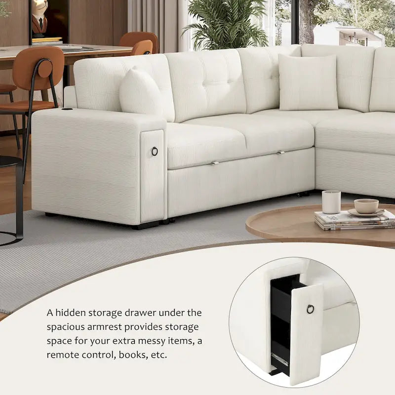 Divano componibile a L beige/grigio con letto estraibile, porte USB e pouf, 3 posti