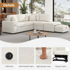 Divano componibile a L beige/grigio con letto estraibile, porte USB e pouf, 3 posti
