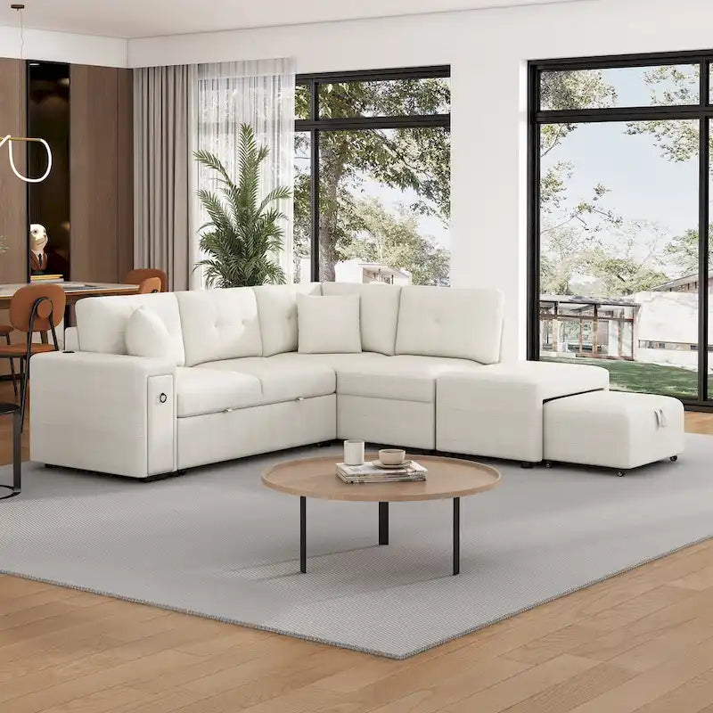 Divano componibile a L beige/grigio con letto estraibile, porte USB e pouf, 3 posti