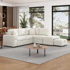 Divano componibile a L beige/grigio con letto estraibile, porte USB e pouf, 3 posti