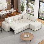 Divano componibile a L beige/grigio con letto estraibile, porte USB e pouf, 3 posti