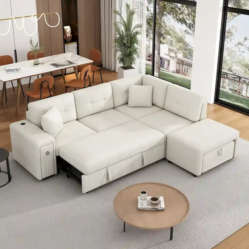 Divano componibile a L beige/grigio con letto estraibile, porte USB e pouf, 3 posti