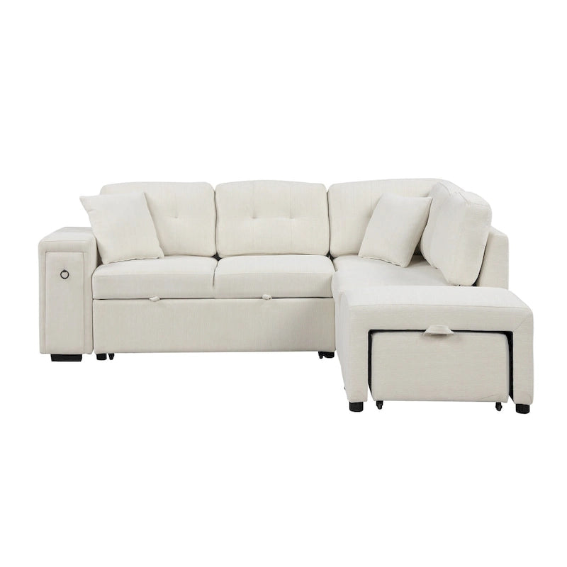 Divano componibile a L beige/grigio con letto estraibile, porte USB e pouf, 3 posti