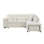 Divano componibile a L beige/grigio con letto estraibile, porte USB e pouf, 3 posti