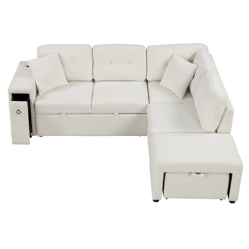 Divano componibile a L beige/grigio con letto estraibile, porte USB e pouf, 3 posti