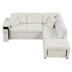Divano componibile a L beige/grigio con letto estraibile, porte USB e pouf, 3 posti