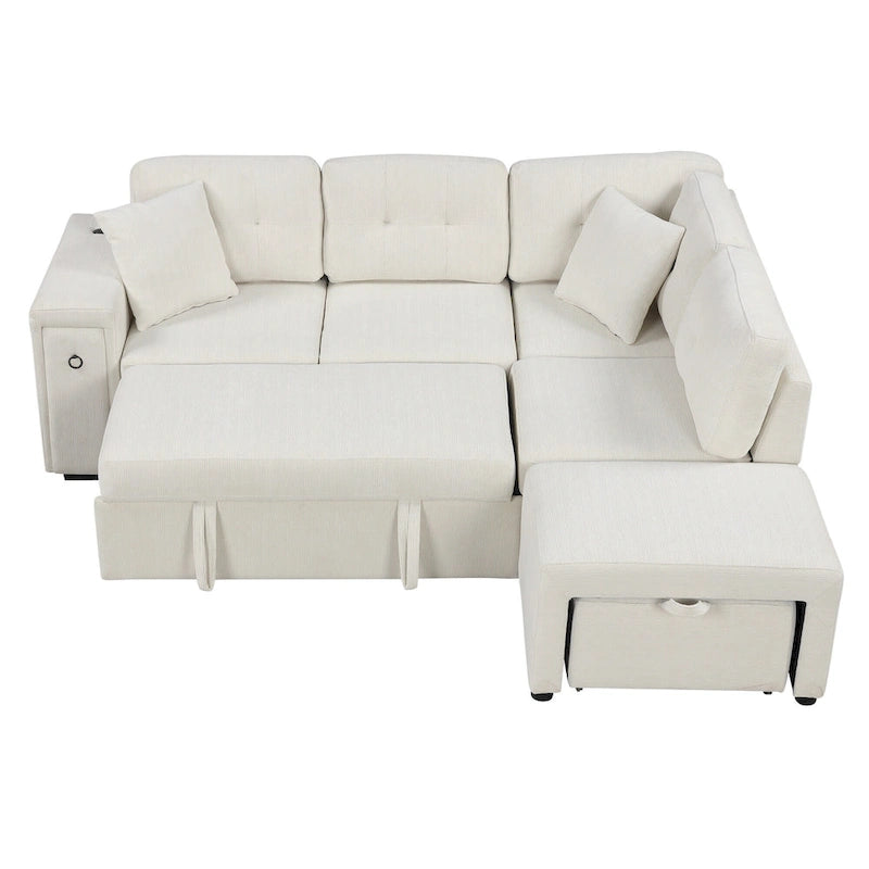 Divano componibile a L beige/grigio con letto estraibile, porte USB e pouf, 3 posti