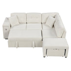 Divano componibile a L beige/grigio con letto estraibile, porte USB e pouf, 3 posti