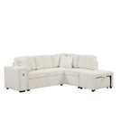 Divano componibile a L beige/grigio con letto estraibile, porte USB e pouf, 3 posti
