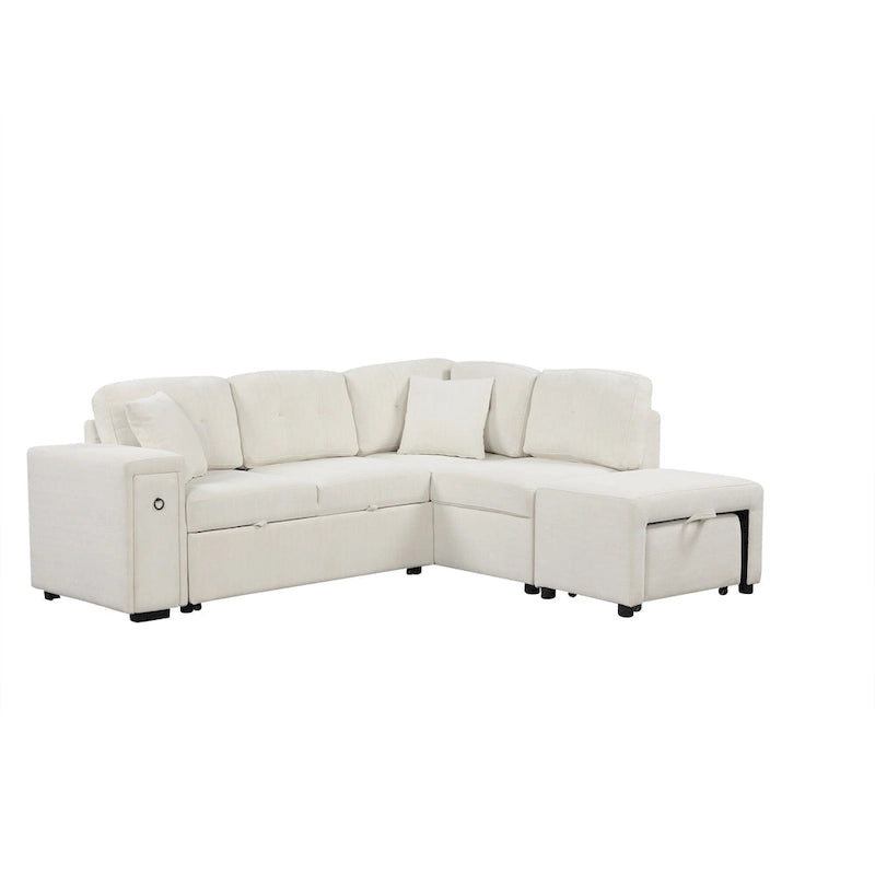 Divano componibile a L beige/grigio con letto estraibile, porte USB e pouf, 3 posti