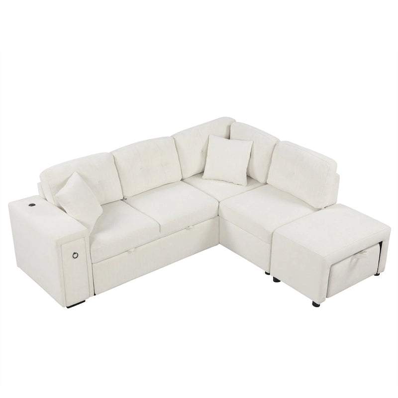 Divano componibile a L beige/grigio con letto estraibile, porte USB e pouf, 3 posti