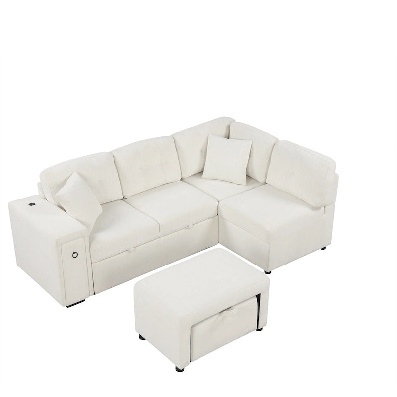 Divano componibile a L beige/grigio con letto estraibile, porte USB e pouf, 3 posti