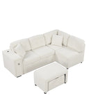 Divano componibile a L beige/grigio con letto estraibile, porte USB e pouf, 3 posti