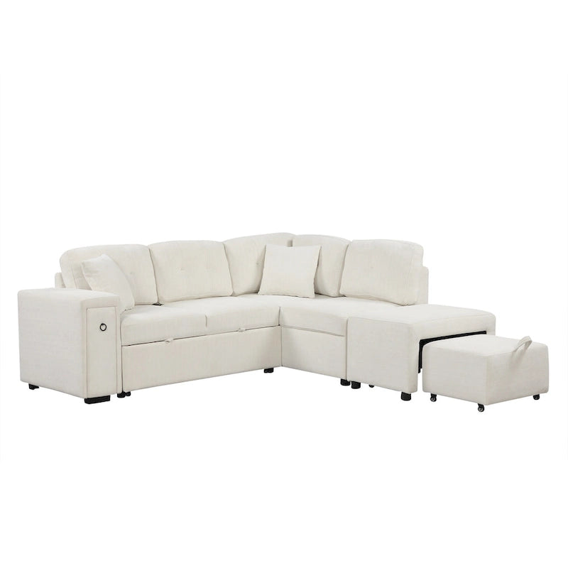 Divano componibile a L beige/grigio con letto estraibile, porte USB e pouf, 3 posti