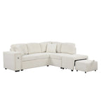 Divano componibile a L beige/grigio con letto estraibile, porte USB e pouf, 3 posti