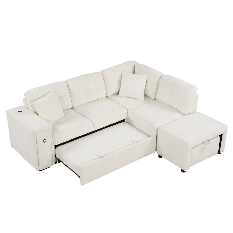 Divano componibile a L beige/grigio con letto estraibile, porte USB e pouf, 3 posti