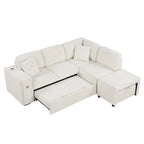 Divano componibile a L beige/grigio con letto estraibile, porte USB e pouf, 3 posti