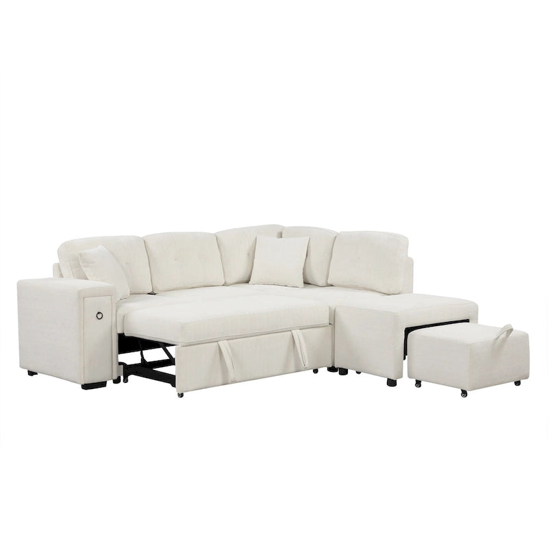 Divano componibile a L beige/grigio con letto estraibile, porte USB e pouf, 3 posti