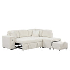 Divano componibile a L beige/grigio con letto estraibile, porte USB e pouf, 3 posti