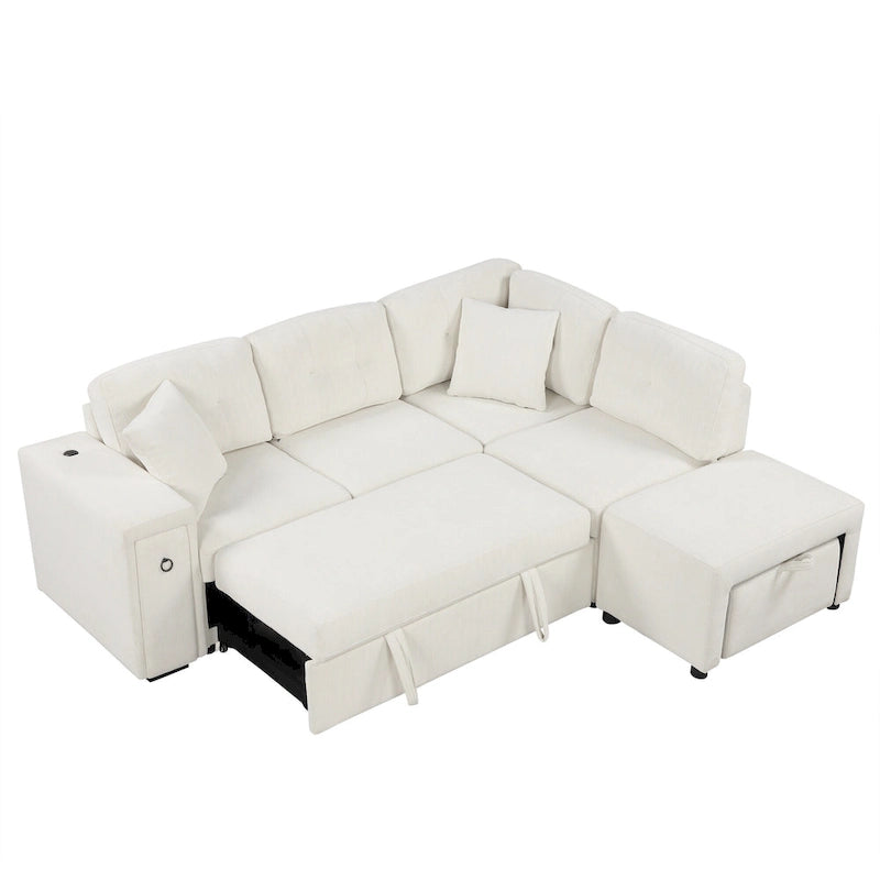Divano componibile a L beige/grigio con letto estraibile, porte USB e pouf, 3 posti