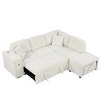 Divano componibile a L beige/grigio con letto estraibile, porte USB e pouf, 3 posti
