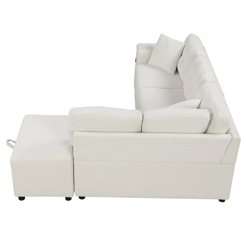 Divano componibile a L beige/grigio con letto estraibile, porte USB e pouf, 3 posti