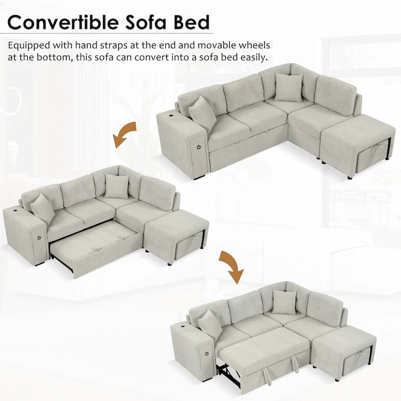 Divano componibile a L beige/grigio con letto estraibile, porte USB e pouf, 3 posti