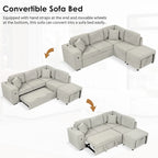 Divano componibile a L beige/grigio con letto estraibile, porte USB e pouf, 3 posti
