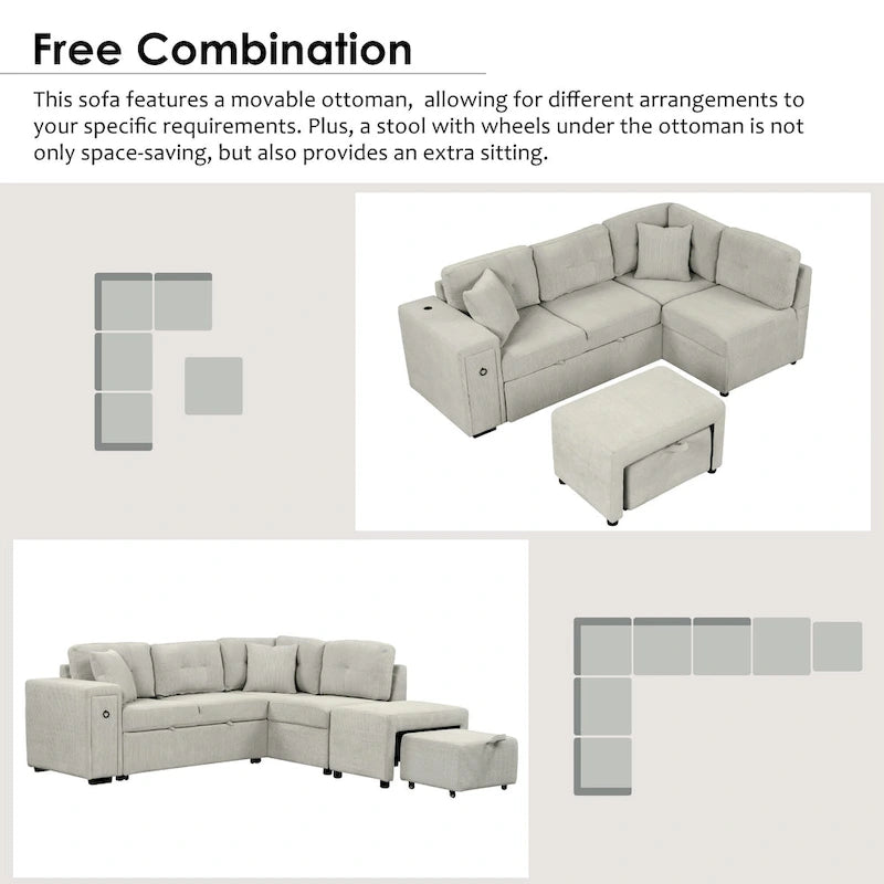 Divano componibile a L beige/grigio con letto estraibile, porte USB e pouf, 3 posti