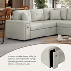 Divano componibile a L beige/grigio con letto estraibile, porte USB e pouf, 3 posti