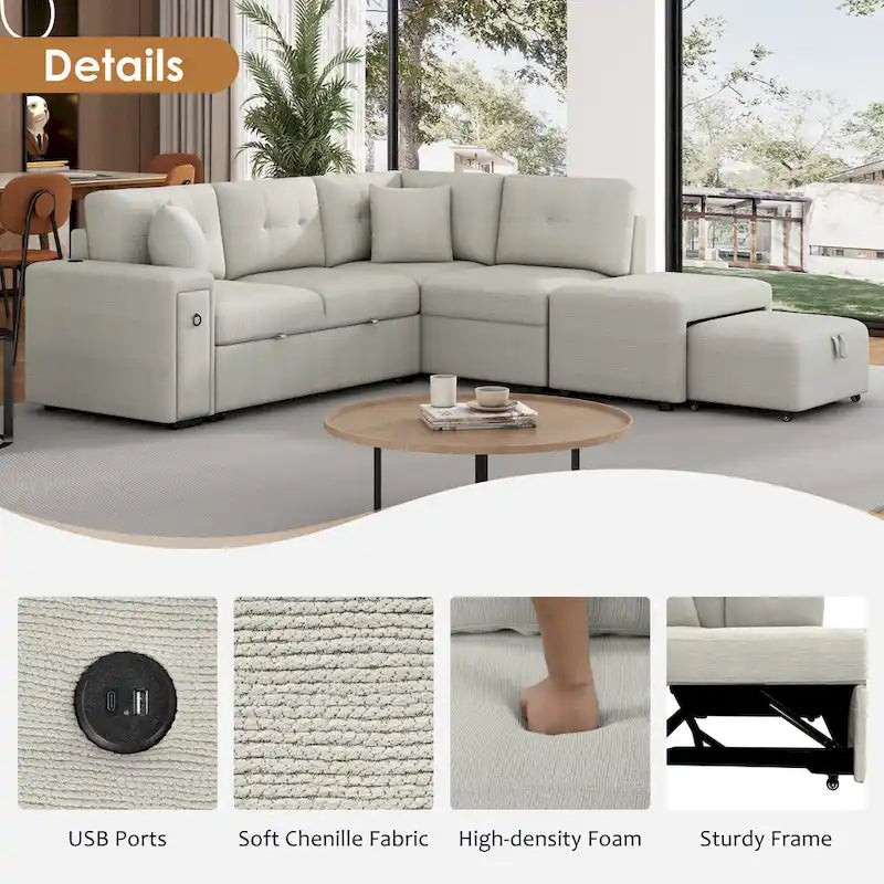 Divano componibile a L beige/grigio con letto estraibile, porte USB e pouf, 3 posti