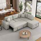 Divano componibile a L beige/grigio con letto estraibile, porte USB e pouf, 3 posti