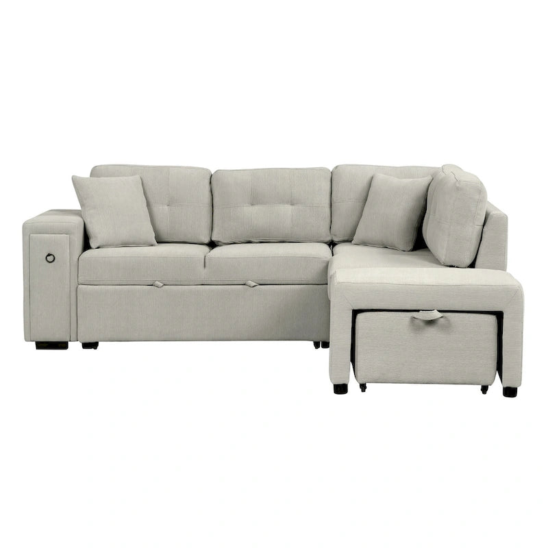 Divano componibile a L beige/grigio con letto estraibile, porte USB e pouf, 3 posti