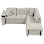 Divano componibile a L beige/grigio con letto estraibile, porte USB e pouf, 3 posti