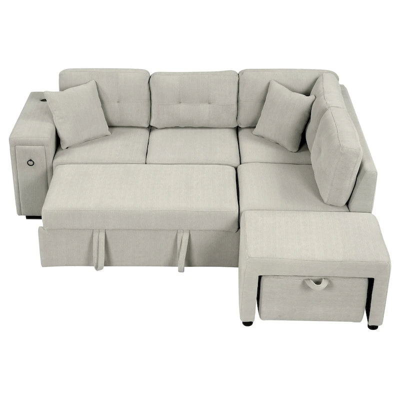 Divano componibile a L beige/grigio con letto estraibile, porte USB e pouf, 3 posti