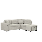 Divano componibile a L beige/grigio con letto estraibile, porte USB e pouf, 3 posti