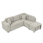 Divano componibile a L beige/grigio con letto estraibile, porte USB e pouf, 3 posti