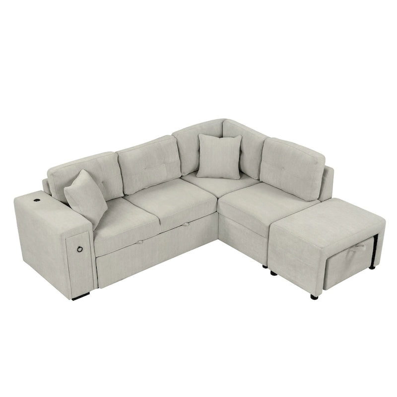 Divano componibile a L beige/grigio con letto estraibile, porte USB e pouf, 3 posti