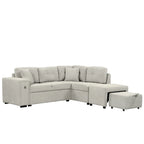 Divano componibile a L beige/grigio con letto estraibile, porte USB e pouf, 3 posti