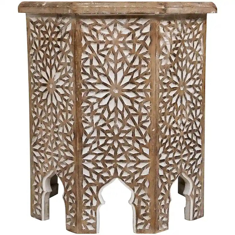 Tavolino marrone ottagonale con dettaglio marocchino intagliato, singolo