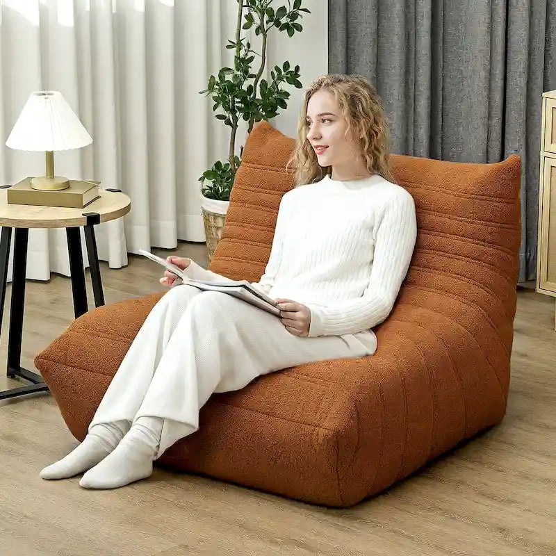 Sedia da pavimento in pile Teddy, divano pigro trapuntato per 1, marrone / grigio chiaro / bianco crema