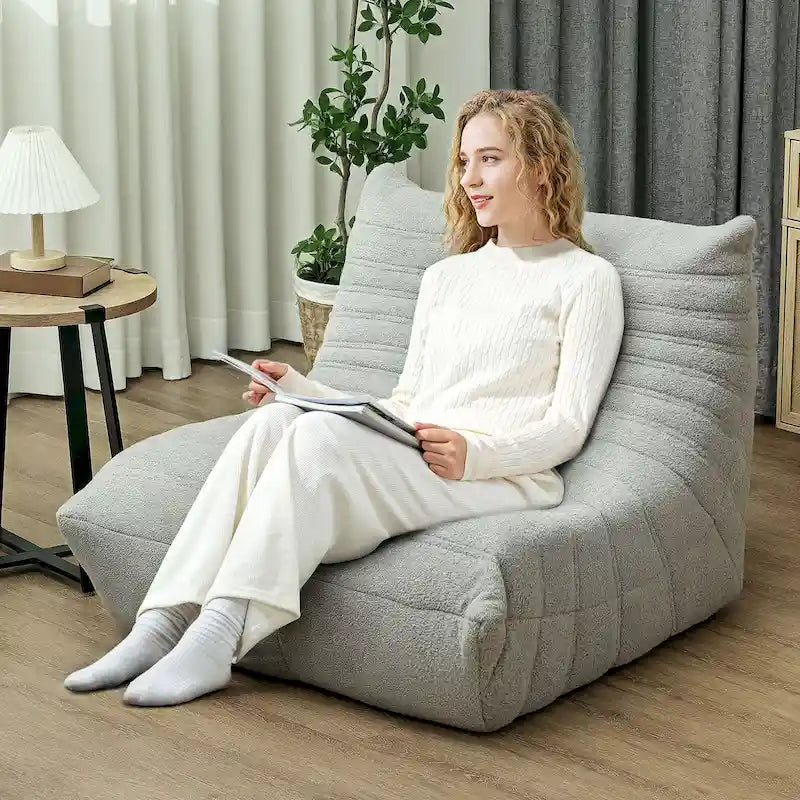 Sedia da pavimento in pile Teddy, divano pigro trapuntato per 1, marrone / grigio chiaro / bianco crema