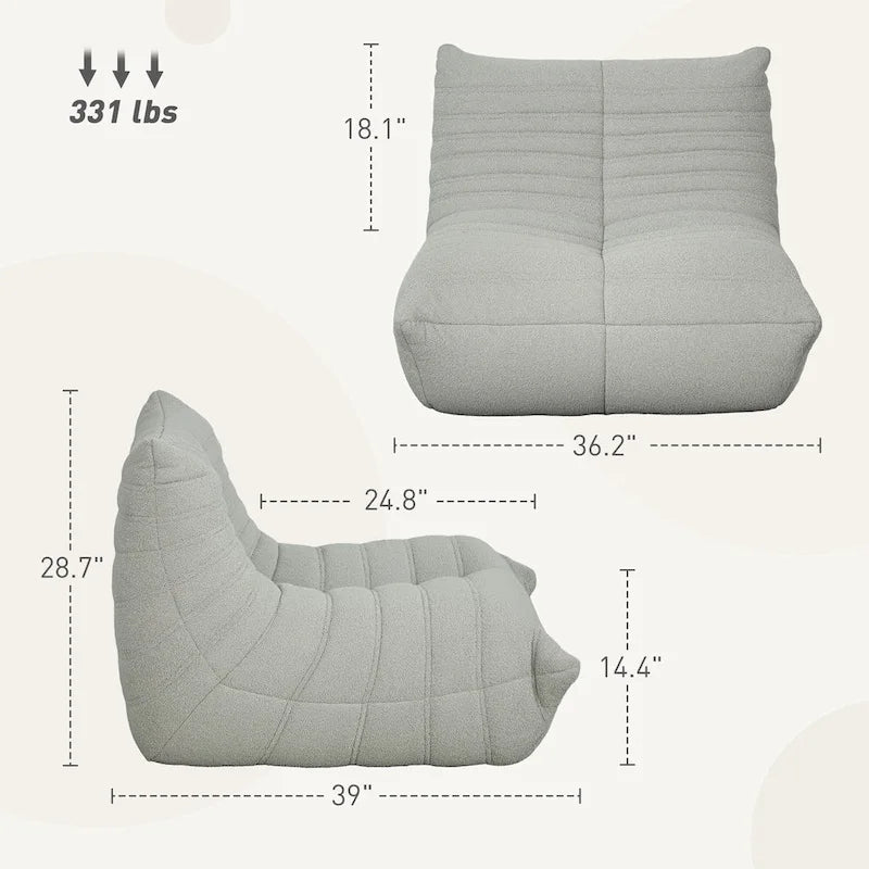 Sedia da pavimento in pile Teddy, divano pigro trapuntato per 1, marrone / grigio chiaro / bianco crema