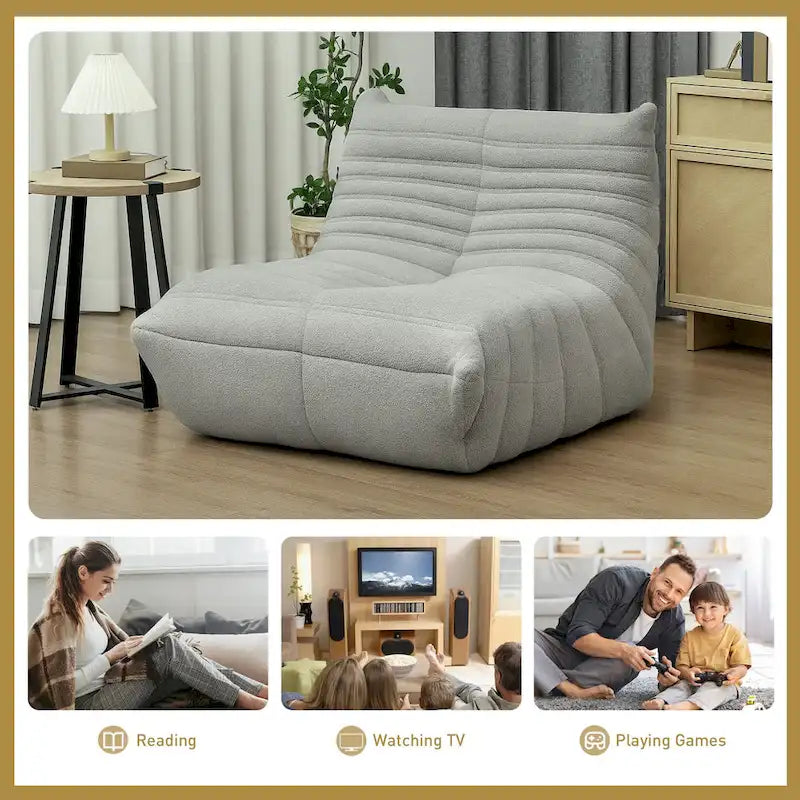 Sedia da pavimento in pile Teddy, divano pigro trapuntato per 1, marrone / grigio chiaro / bianco crema
