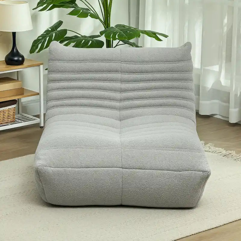 Sedia da pavimento in pile Teddy, divano pigro trapuntato per 1, marrone / grigio chiaro / bianco crema