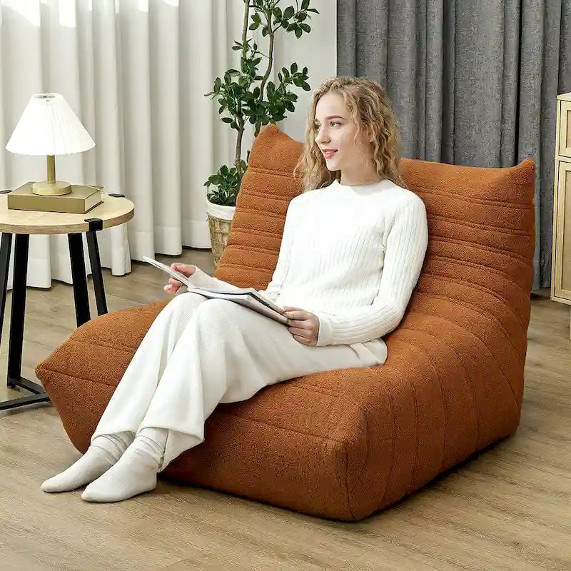 Sedia da pavimento in pile Teddy, divano pigro trapuntato per 1, marrone / grigio chiaro / bianco crema