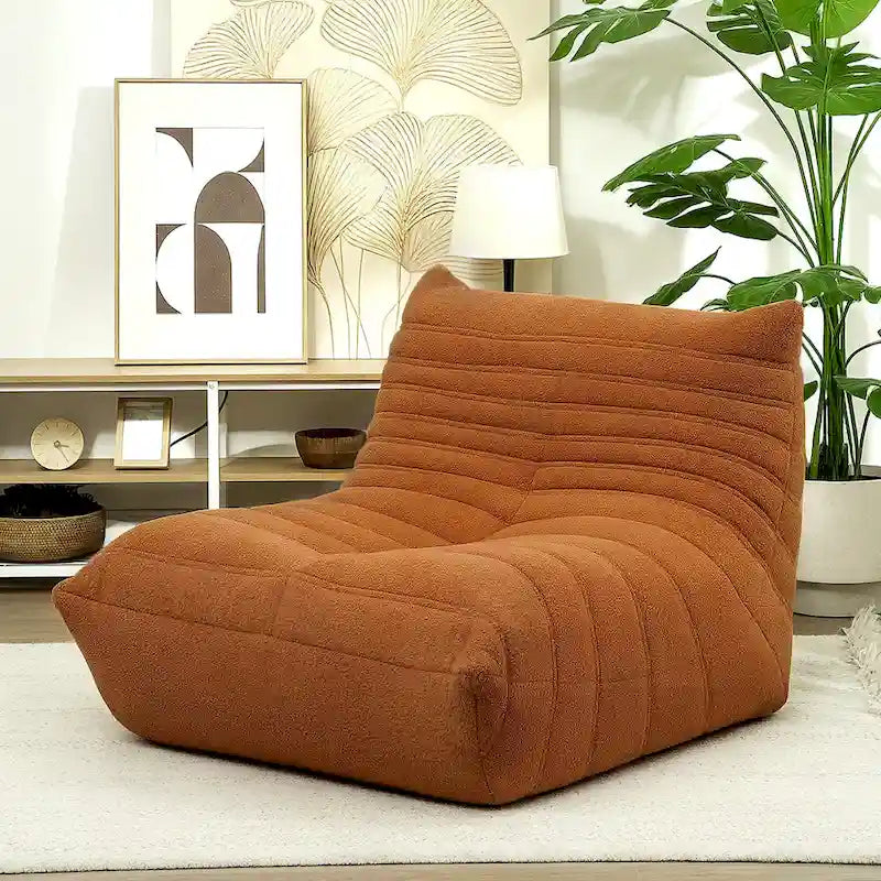 Sedia da pavimento in pile Teddy, divano pigro trapuntato per 1, marrone / grigio chiaro / bianco crema