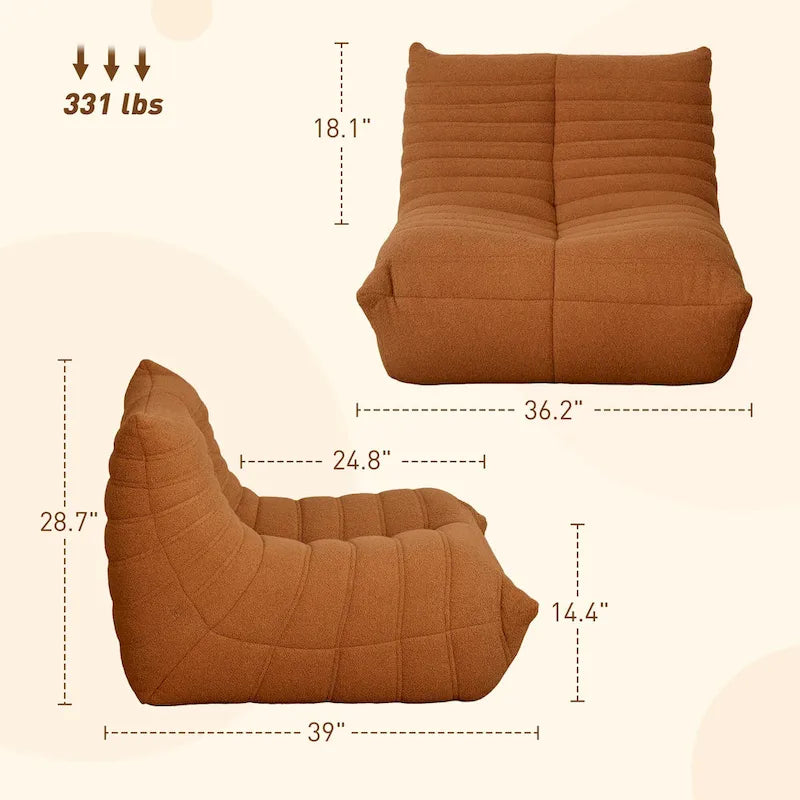 Sedia da pavimento in pile Teddy, divano pigro trapuntato per 1, marrone / grigio chiaro / bianco crema